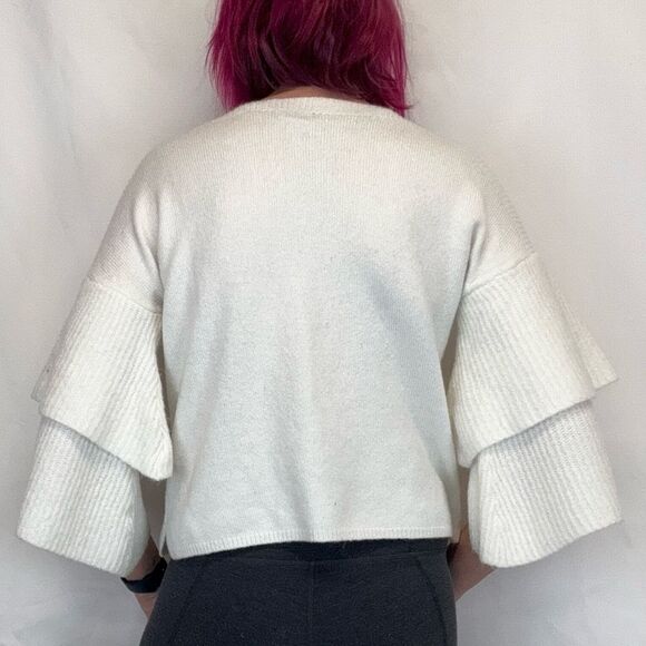 Falls Creek Womens Tiered Ruffle Sleeve Sweater S SM Small Ivory Cream Off White - Picture 2 of 13